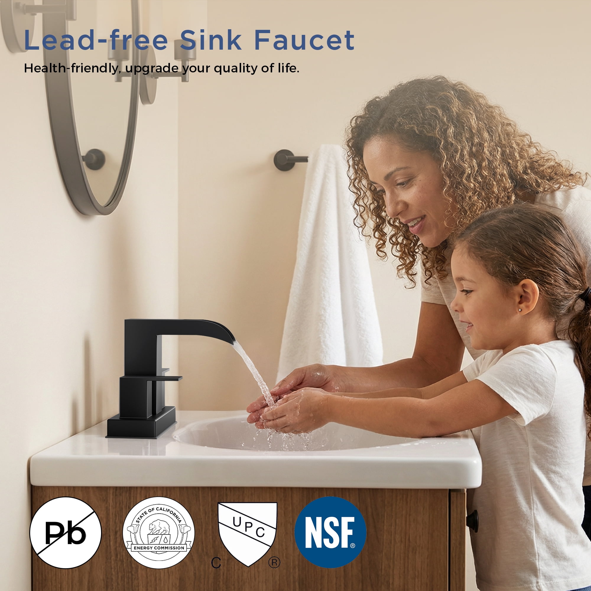 TVOFEK 4 inch Waterfall Bathroom Faucet 3 or 2 Hole, Matte Black Centerset Sink Faucets with Metal Pop-up Drain for Vanity Lavatory Basin RV