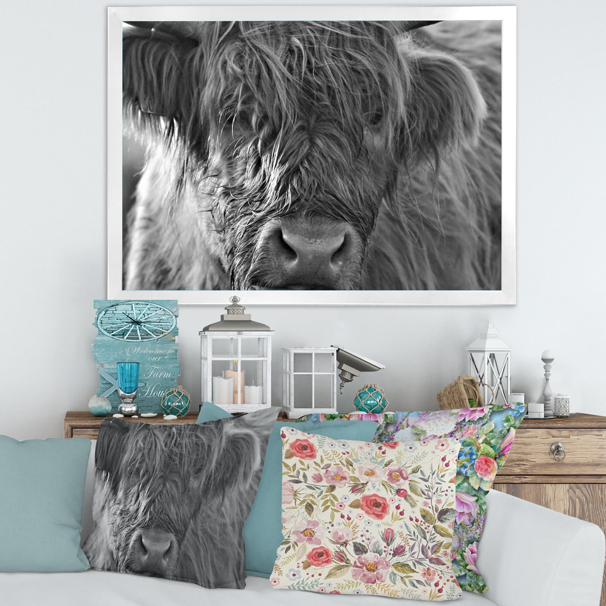 Designart 'Close Up Scottish Highland Cows Living On Moorland' Farmhouse Framed Art Print