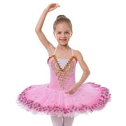 IBTOM CASTLE Girls Ballet Leotards with Platter Tutu Professional Hard Organdy Camisole Skirt Dancewear 7-8 Years Pink