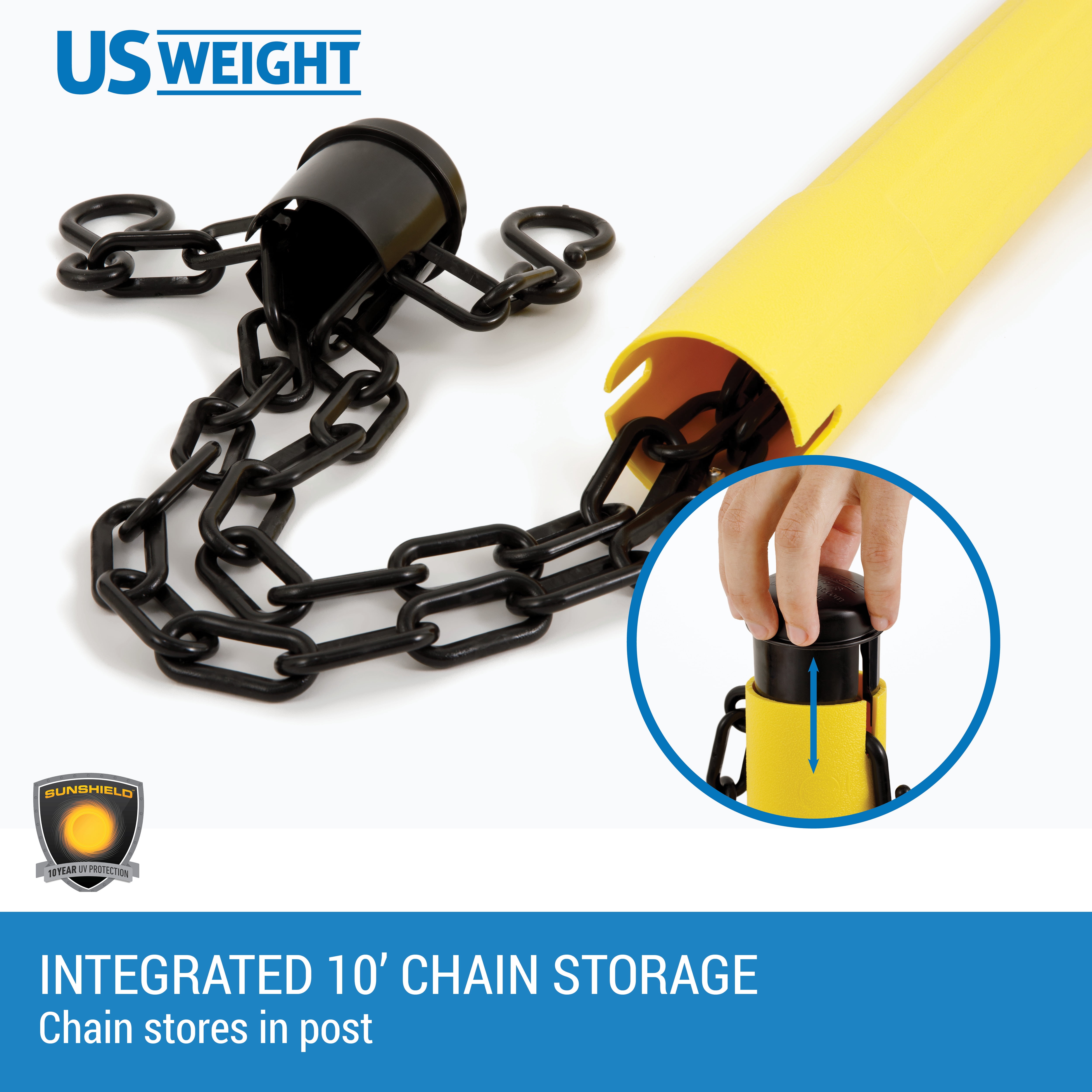 ChainBoss Heavy Duty Weighted Yellow Plastic Stanchions Crowd Control Barriers With 10' of Black Plastic Chain Kit (2-Pack)