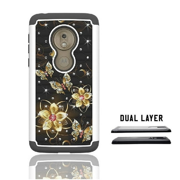 Phone Case for Straight Talk Moto g7 Optimo / Motorola Moto G7 Play, Studded Rhinestone Crystal Bling Dual Layer Shockproof Cover Case (Black-gold butterfly)