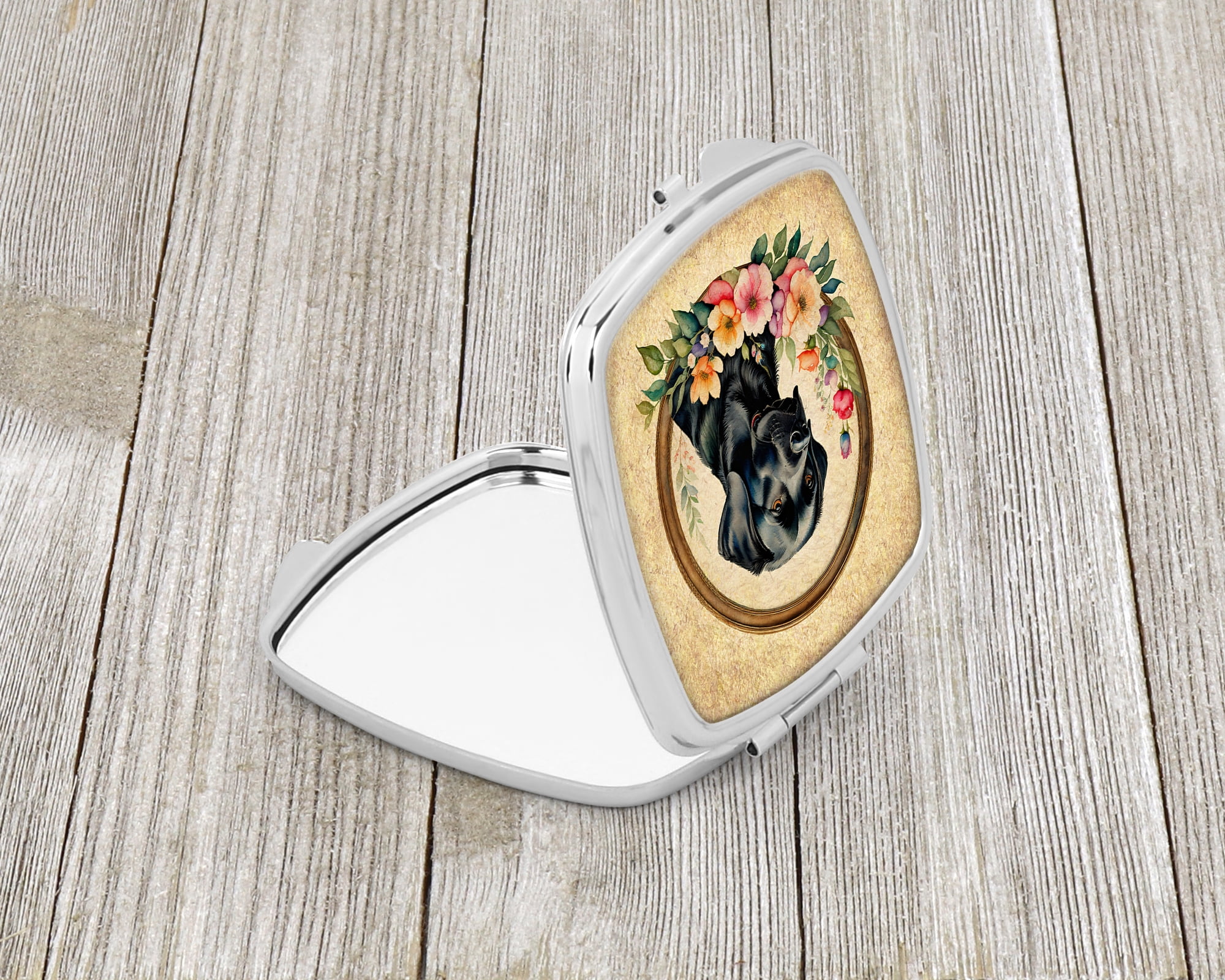 Black Labrador Retriever and Flowers Compact Mirror 2.75 in x 3 in