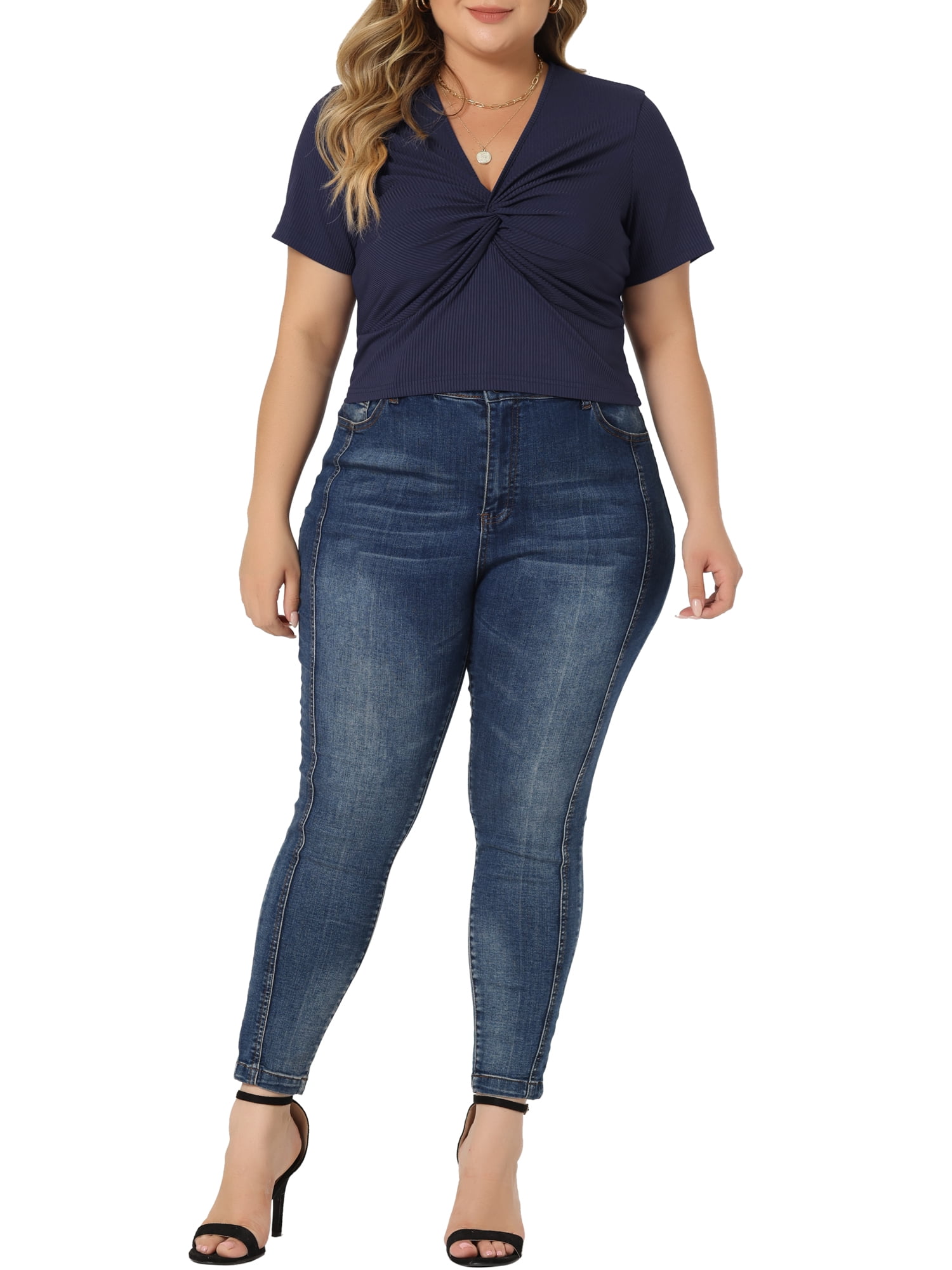 Women's Plus Size Twist Front V Neck Ribbed Short Sleeve Casual Solid Blouses Navy Blue 4X