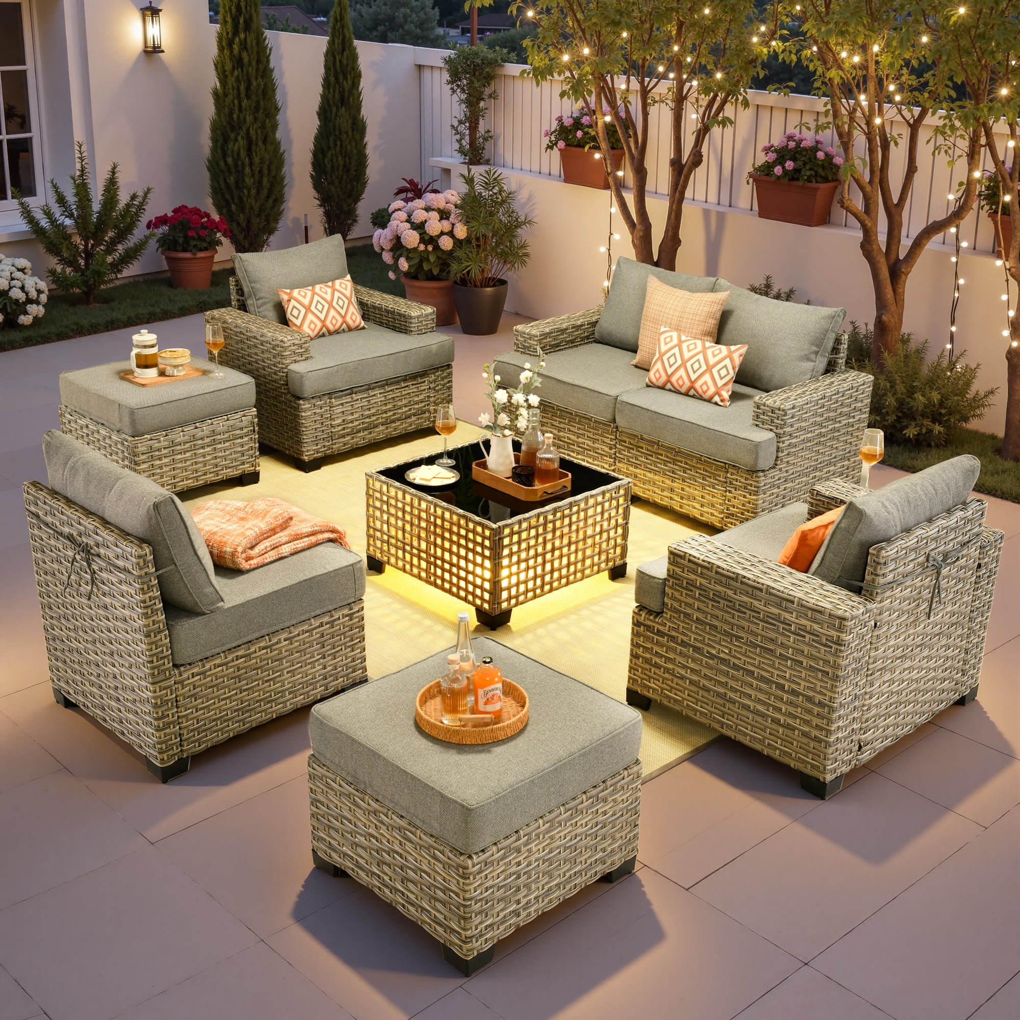 Ovios 8-Piece Outdoor Patio Furniture Set with Solar-Powered Lighted Coffee Table All-Weather Wicker Conversation Seating with Ottomans, Dark Gray