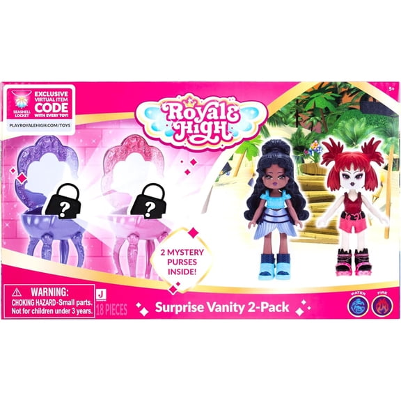 Royale High Surprise Vanity Doll 2-Pack (Dark & Light, 2 Mystery Purses & Seashell Locket Virtual Item Code)
