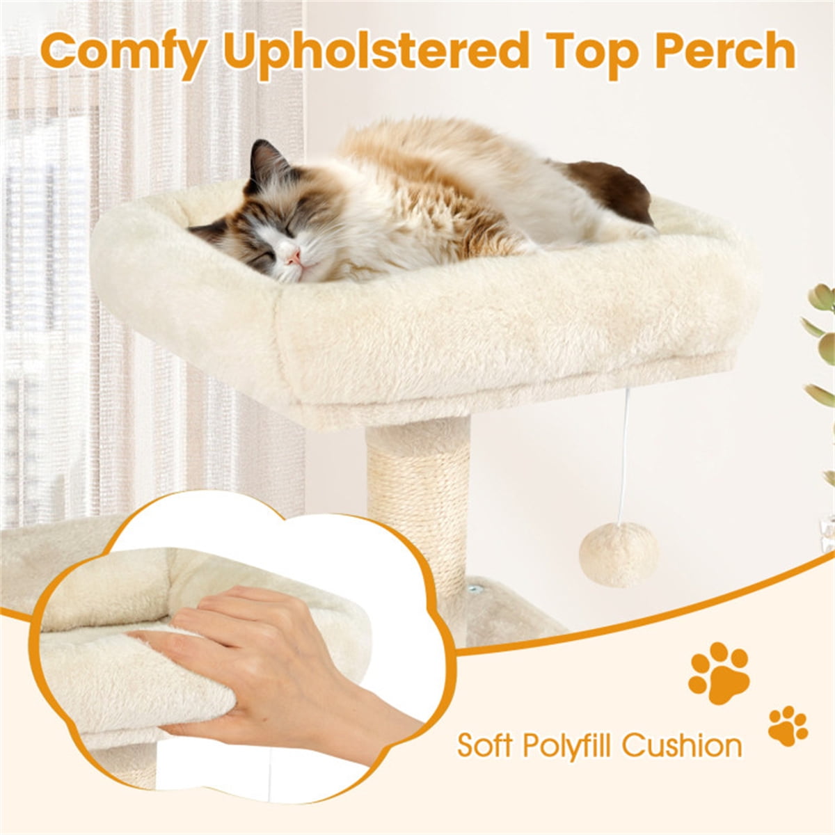 ZephyPaws Cat Tree with Scratching Post for Indoor Cats, 44" Tall Plush Multi-Level Cat Climbing Tower Condo House with Large Hammock, Spacious Cat Cave & Big Padded Top Perch Bed, Beige