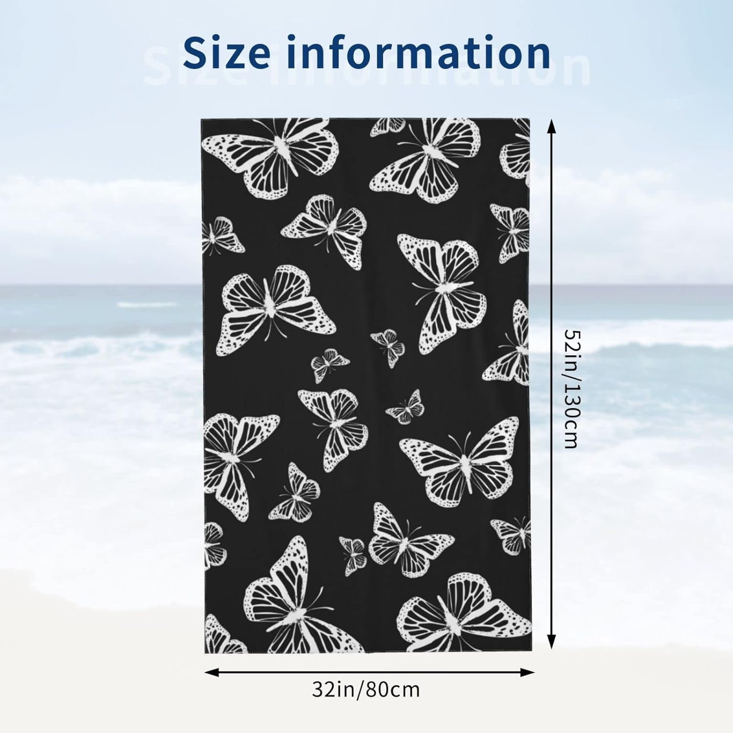 Pretty Black and White Butterflies Pattern Beach Towels Oversized Soft High Absorbent Quick Dry Bath Towels Pool Towels Travel Beach Towels for Kids Adults