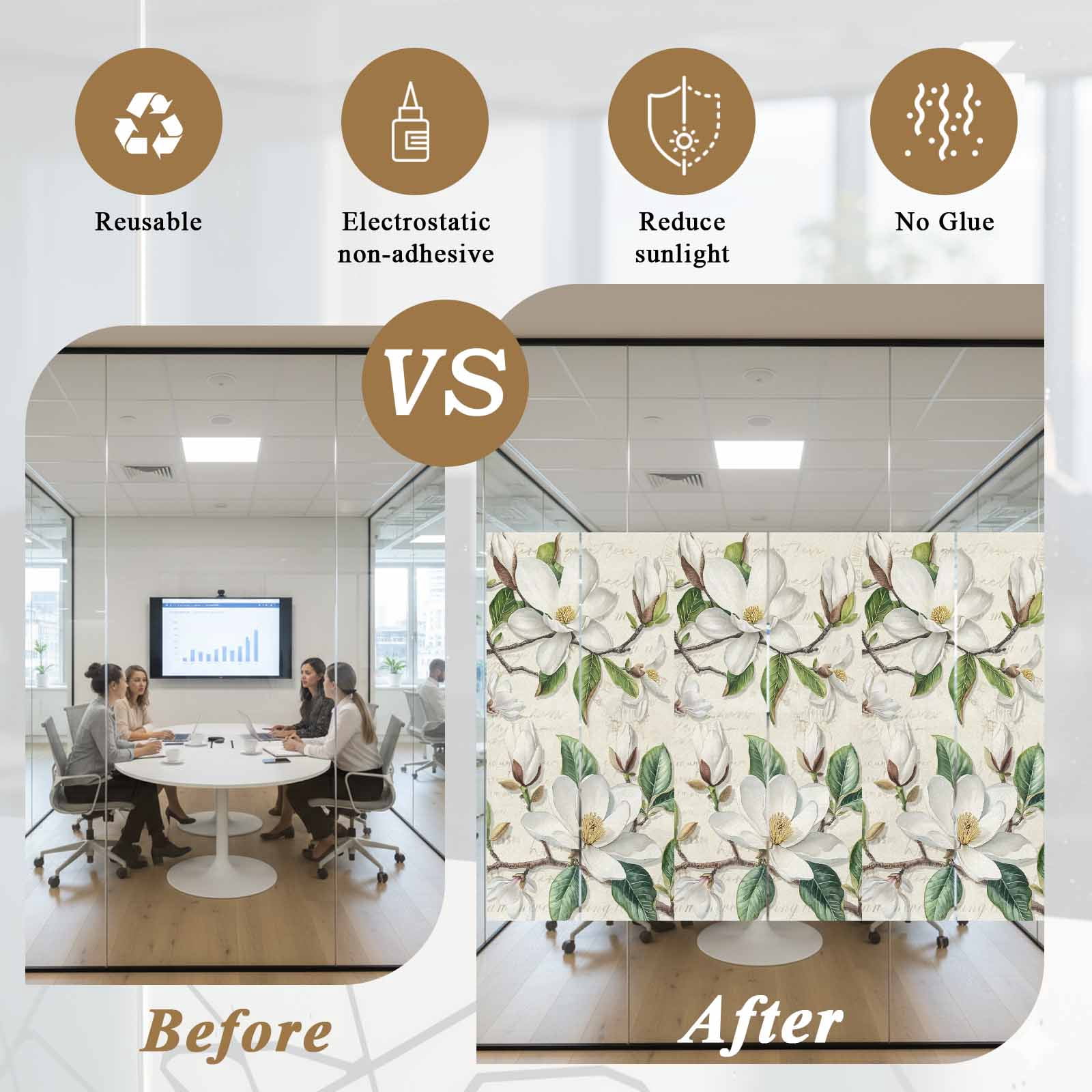 Sun Blocking Glass Window Film, Vintage Floral Spring Window Privacy Film Frosted, Rustic Botanical White Flowers Reusable Windows Privacy Sticker for Home Decor, Nursery, 23.6 x 78.7 Inches