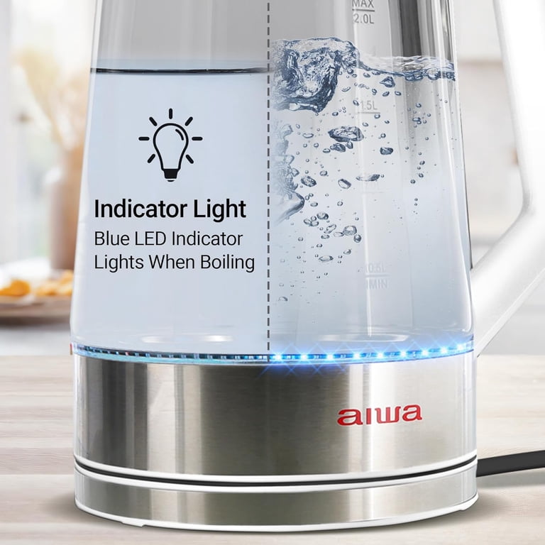 Aiwa 2-Liter Glass Electric Water Kettle, Cordless Hot Water Boiler with  Auto-Shutoff, White
