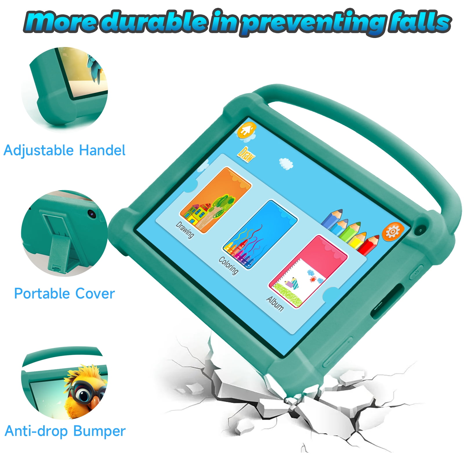 7 inch Kids Tablet, Android 12 Tablet for Kids, 4GB RAM+32GB ROM+512GB Expand, Toddler Tablet with Shockproof Case, Parental Contral, 1024*600 IPS Screen, 3000mAh Battery, Educational, Games, Green