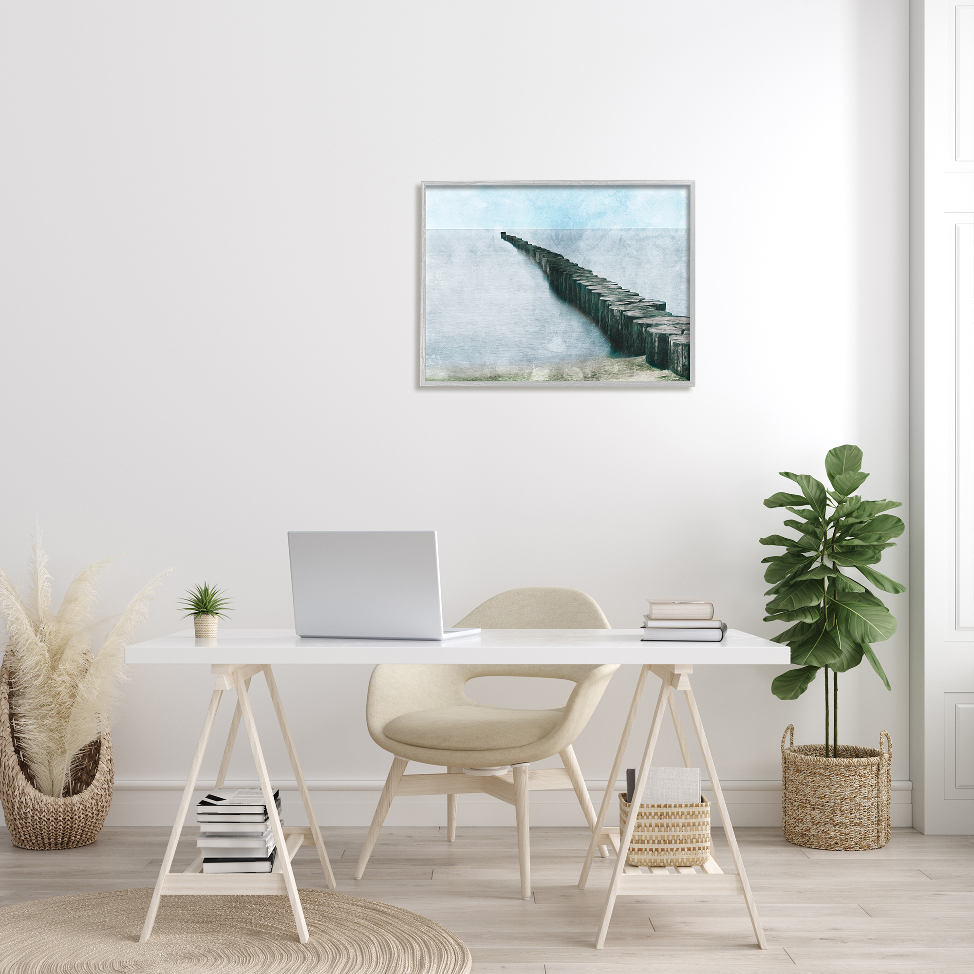 Stupell Industries Shoreline Beach Piling Landscape Nautical Ocean Horizon Nature Painting Gray Framed Art Print Wall Art, 24 x 30