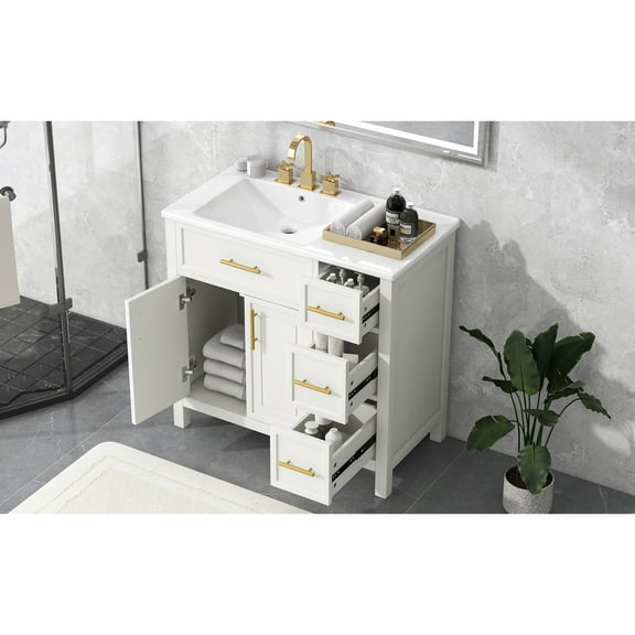 36" Bathroom Vanity With Sink, Solid Wood & , 8" Faucet Hole, 2 Doors, 3 Drawers, White Sink - White, Two Doors Cabinet Three Ceramic At Left Side For Fixture