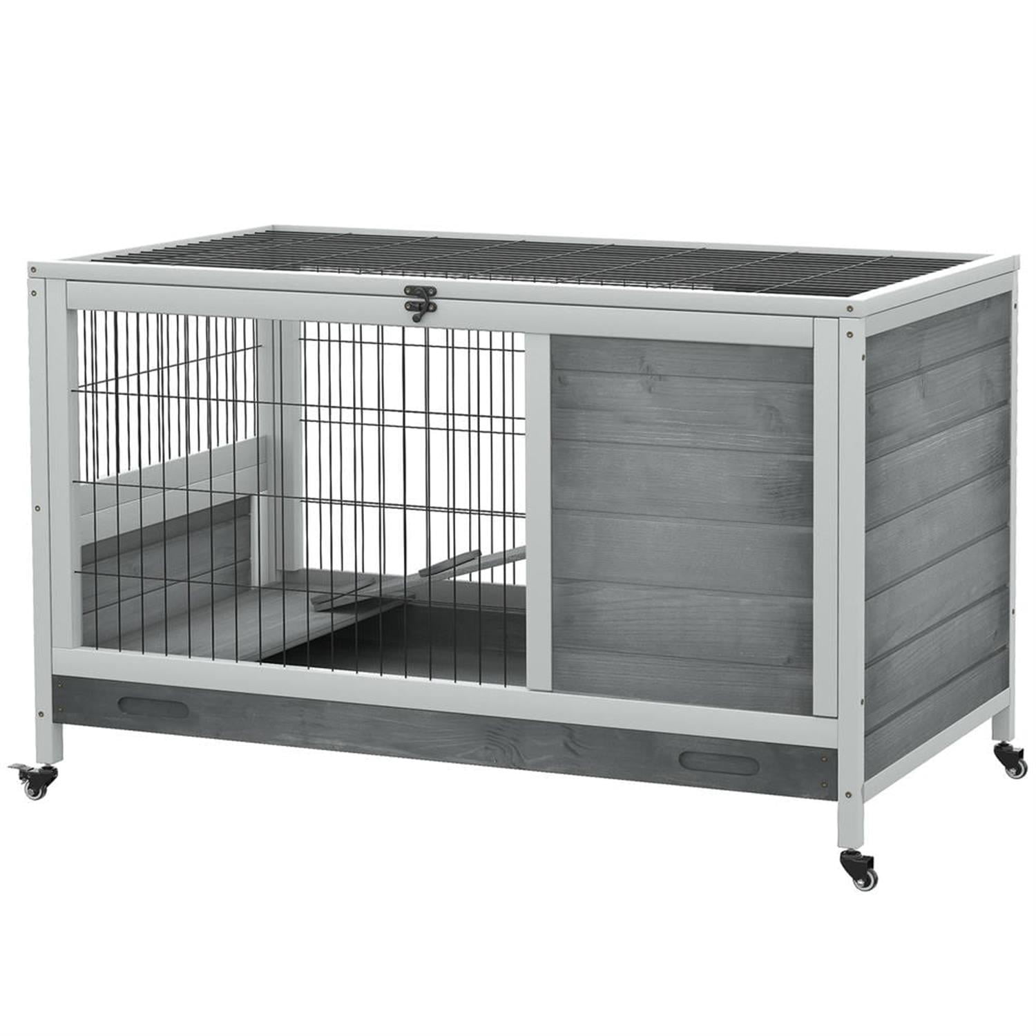 resenkos 35" Indoor Wooden Rabbit Hutch with Enclosed Run and Wheels, Outdoor Bunny Cage for Bunnies, Guinea Pigs, Gray