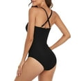 thumbnail image 4 of RELLECIGA Women's Criss-Cross Back High Neck Splicing Mesh One Piece Swimsuit Tummy Control Swimwear Ruched Black Bathing Suit, 4 of 12