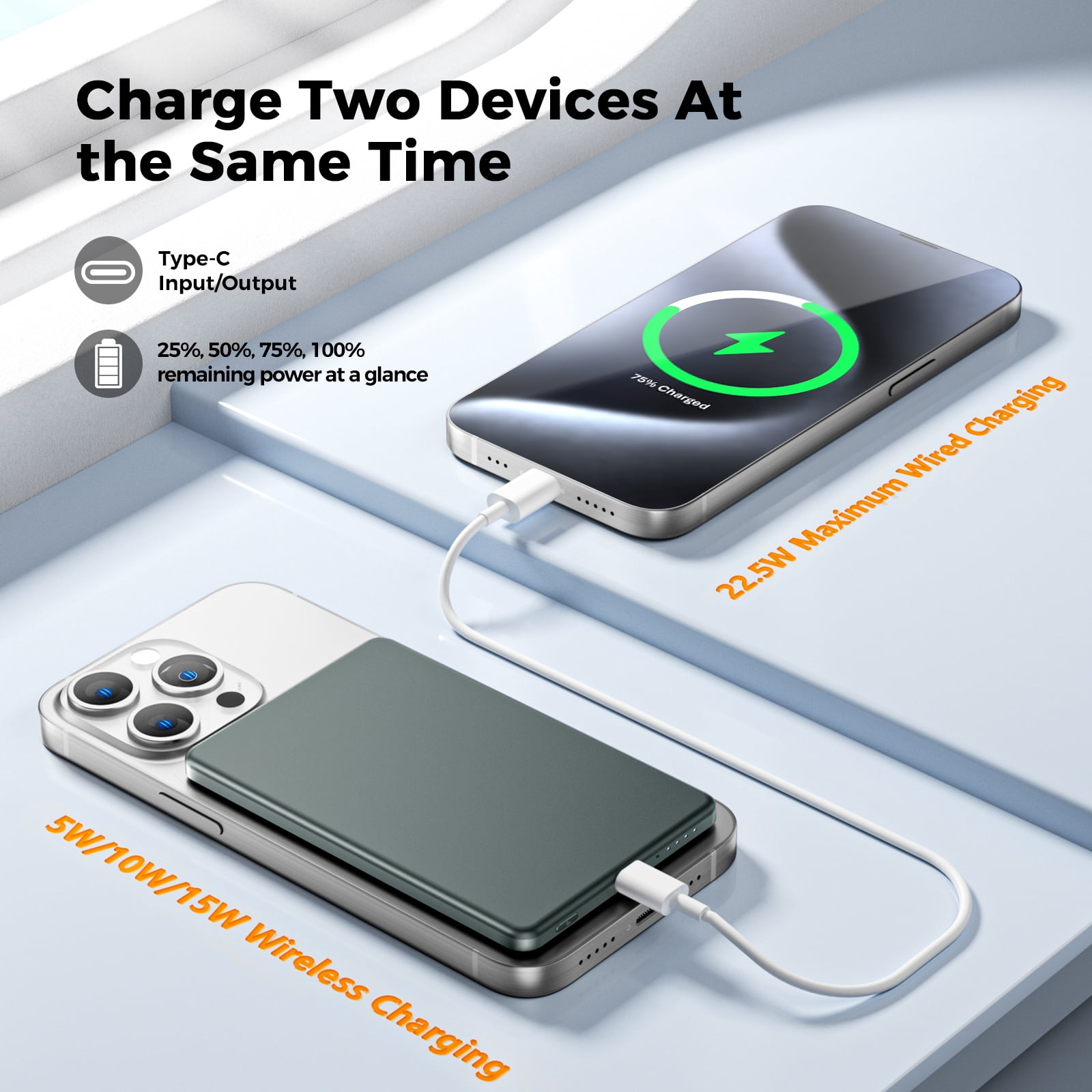 0.3" Ultra Slim MagSafe Portable Charger iPhone, 5000mAh Magnetic Wireless Portable Charger with Fast Charging, Slim MagSafe Battery Pack for iPhone 16 Pro Max/16 Pro/16/15/14/13/12, Grey