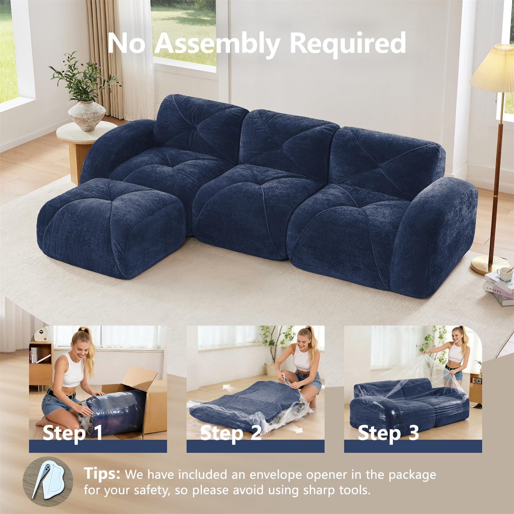 Alvantor L-Shaped Sectional Sofa 3-Seater Boneless Sofa Couch with Anti-Slip Design for Living Room, Easy Assembly Blue