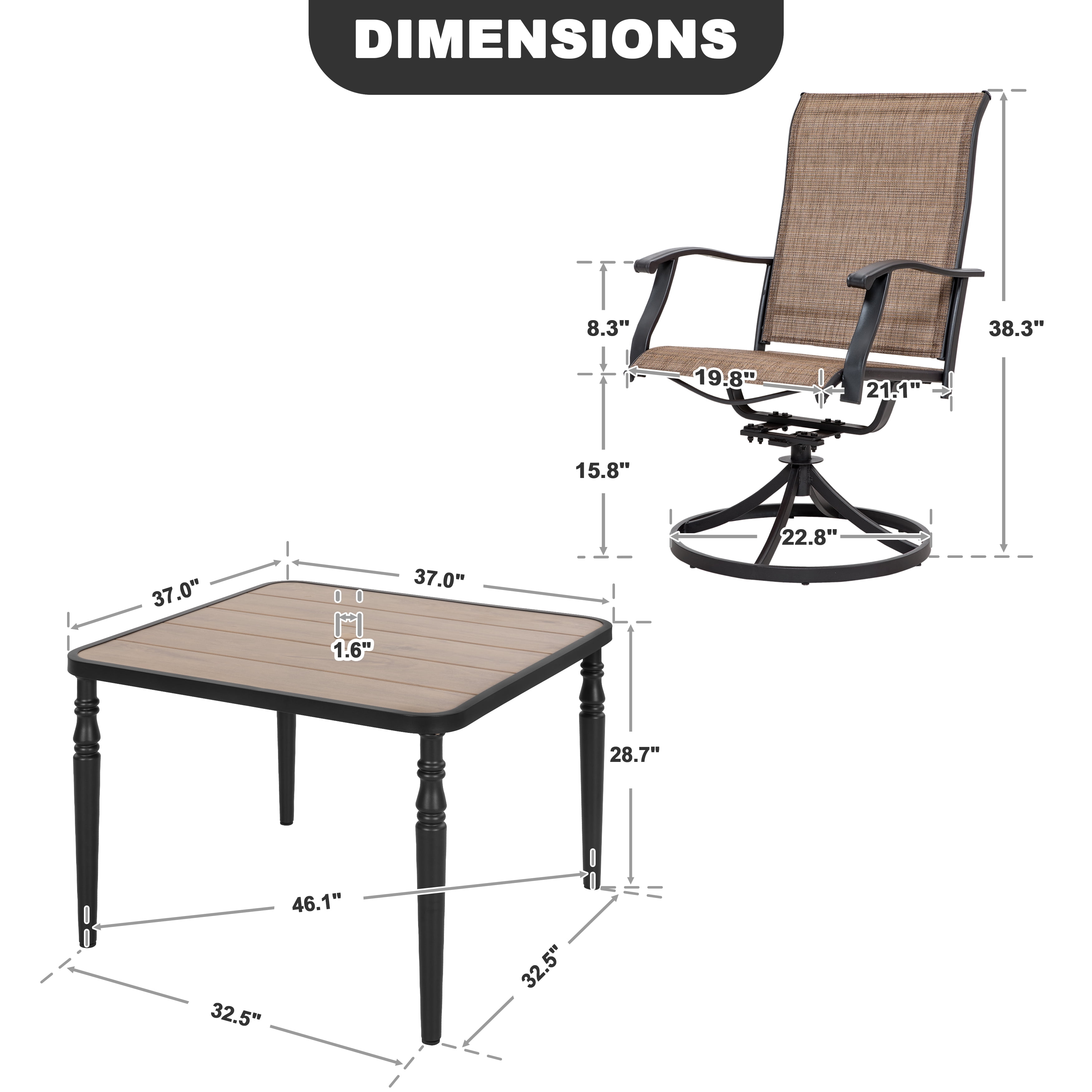 Nuu Garden 5-Piece Outdoor Dining Table Set, 4 Textilene Swivel Chairs & 37" Square Table with Umbrella Hole and Faux Wood Tabletop, All-Weather Patio Outdoor Furniture, Black and Brown