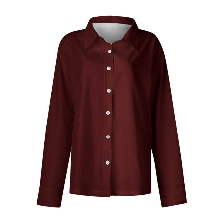 Cfhntfmh Womens Button Down Shirts Solid Color Dress Shirt Long Sleeve Collared Office Work Blouses Tops Fall Outfits for WomenWine,Large)
