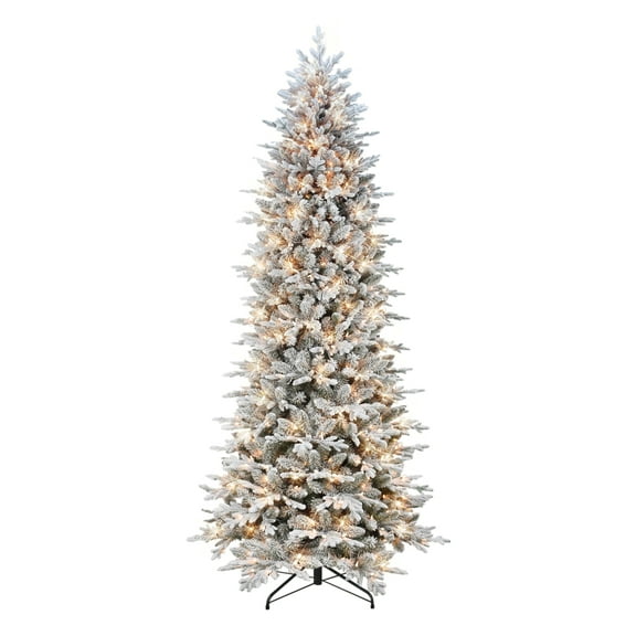 9 ft Slim Flocked Northern Fir PE/PVC Tree 600 Clear Incandescent Lights On/Off Foot Pedal