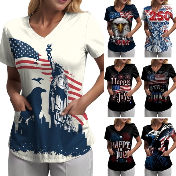 GEWSEY 4th of July Scrubs for Women Short Sleeve V Neck Top Floral Flag Print Loose Fit Lightweight Tops 2026 (Black, M)