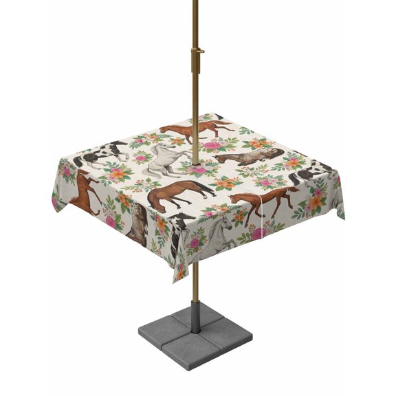 Outdoor Tablecloth with Umbrella Hole for Patio/Picnic/Party/Camping, Horse Waterproof Table Cloth Square Cover Washable, Rustic Spring Floral Summer Botanical (54"x 54")