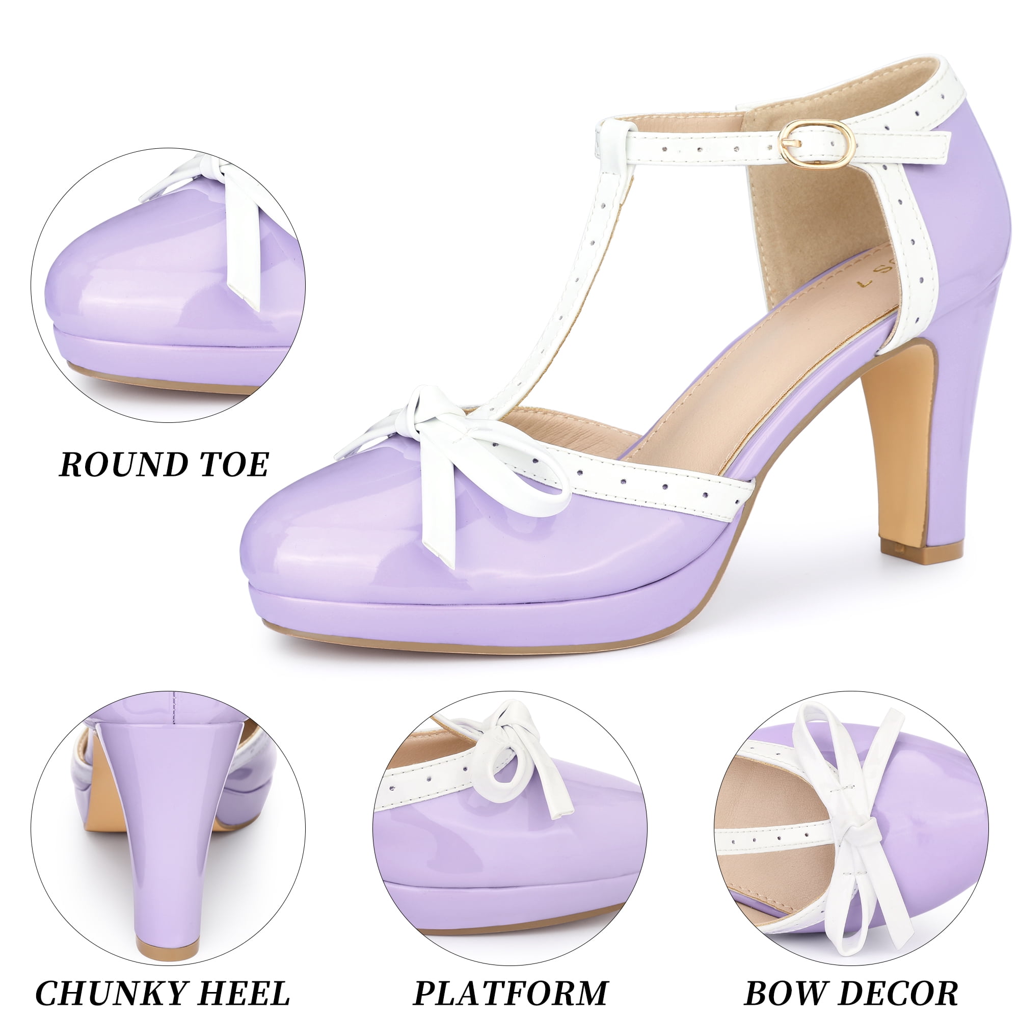 DARING DIVA Women's Bow Platform T-Strap Block High Heel Pumps Purple 6