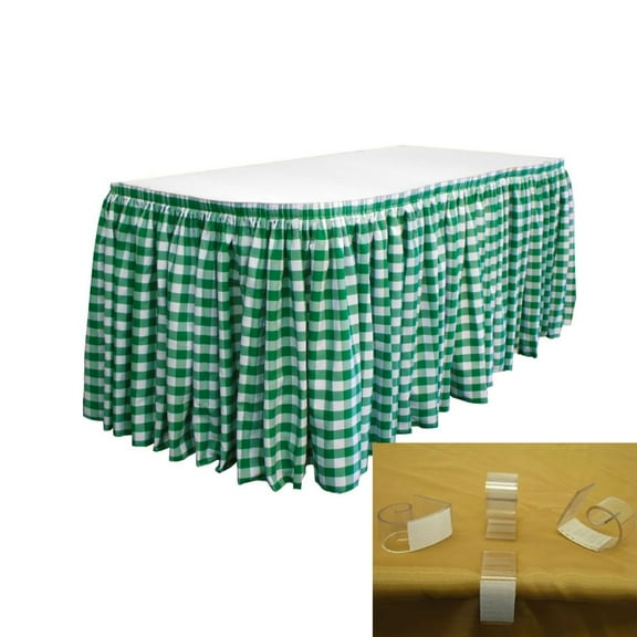 LA Linen Polyester Gingham Checkered Table Skirt 14-Foot by 29-Inch Long with 10 L-Clips, White and Hunter Green