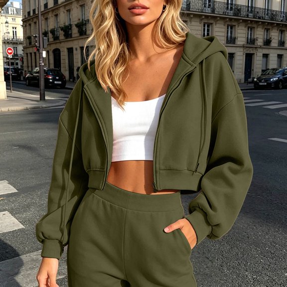 FASHOFT Zip Up Cropped Hoodies for Women Y2K Casual Long Sleeve Sweatshirts 2026 Spring Fall Winter Track Jackets with Pockets Army Green L