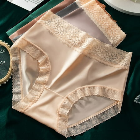 

Jiaroswwei Lace Trim Elastic Waistband Cotton Crotch Women Briefs High Waist Ice Silk Seamless Panties