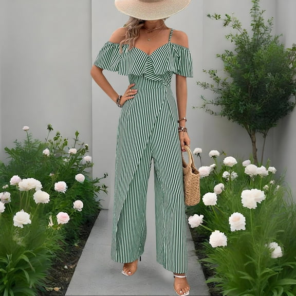 Zunfeo Dressy Jumpsuit for Women Sexy Backlees Wide Leg Jumpsuits Ruffles High Waist One-piece Pants for Office Vacation Green S