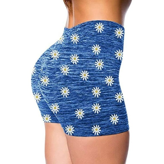 WLJ Women Daisy Print Butt Lifting High Waisted Tummy Control Yoga Shorts