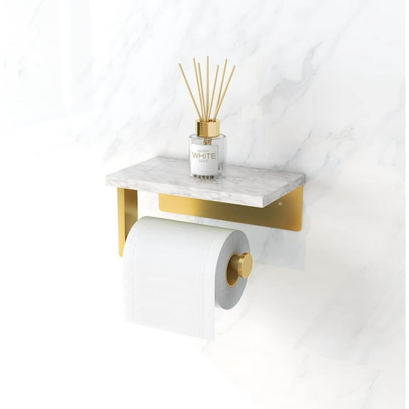 Brushed Gold 304 Stainless Steel Toilet Paper Holder - Wall-Mounted with Natural Marble Shelf