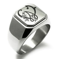 Stainless Steel Letter W Initial Floral Monogram Engraved Engraved Square Flat Top Biker Style Polished Signet Ring
