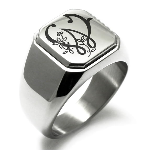 Stainless Steel Letter W Initial Floral Monogram Engraved Engraved Square Flat Top Biker Style Polished Signet Ring
