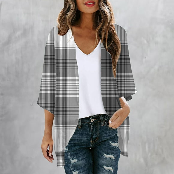 lcziwo 2024 Womens Cardigans Kimono Kimonos for Women Floral Print Lightweight Chiffon Kimonos Cardigan Puff Sleeve Loose Beach Wear Cover Up Blouse Tops Gray L