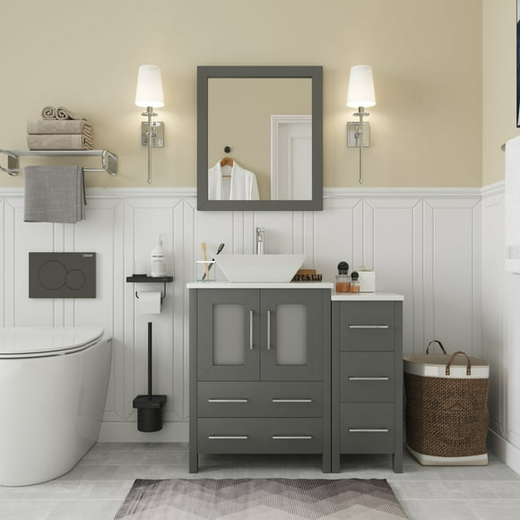 Vanity Art 36 in. W Single Sink Bathroom Vanity with Engineered Marble Top and Free Mirror