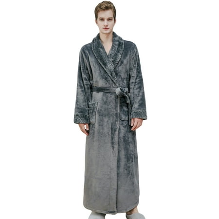 

Mens Long Sleeve Flannel Plush Bathrobe Full Length Long Bathrobe Waffle Plaid Cuff Shawl Collar Bathing Robe Plus Size Heavyweight Winter Warm Pajamas Loungewear Robe S-L Gray