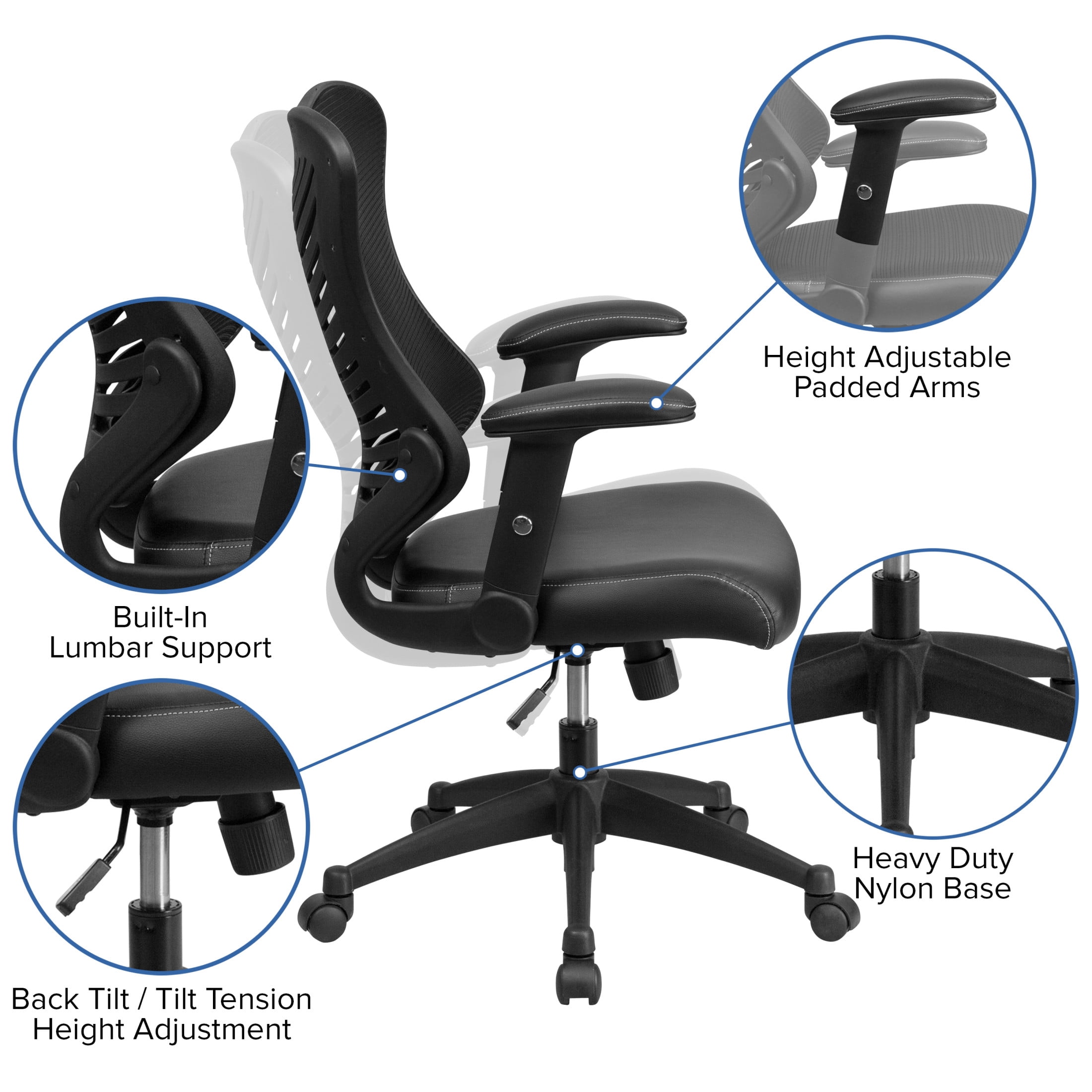Emma + Oliver High Back Designer Black Mesh/LeatherSoft Executive Ergonomic Office Arm Chair