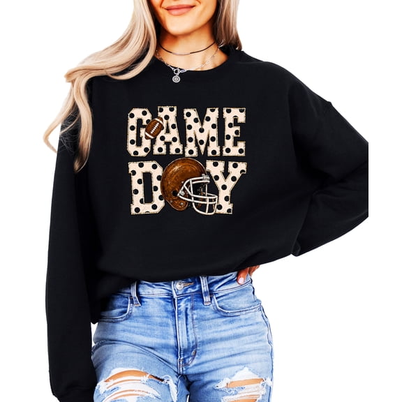 Game Day Polka Dot Football Sweatshirt for Women Crewneck, Black Sweatshirt, M