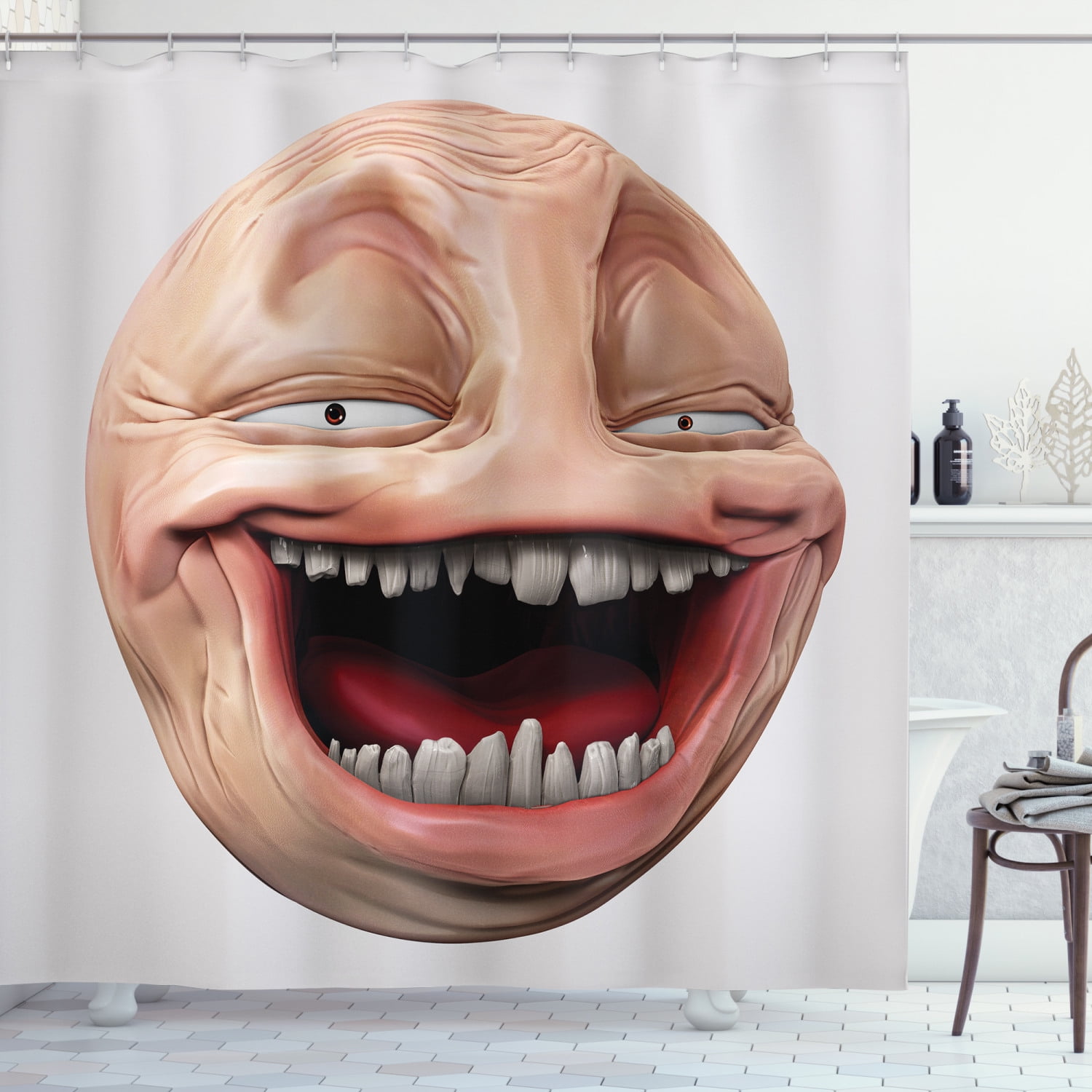 Humor Shower Curtain, Stickman Meme Face Icon Looking at Computer