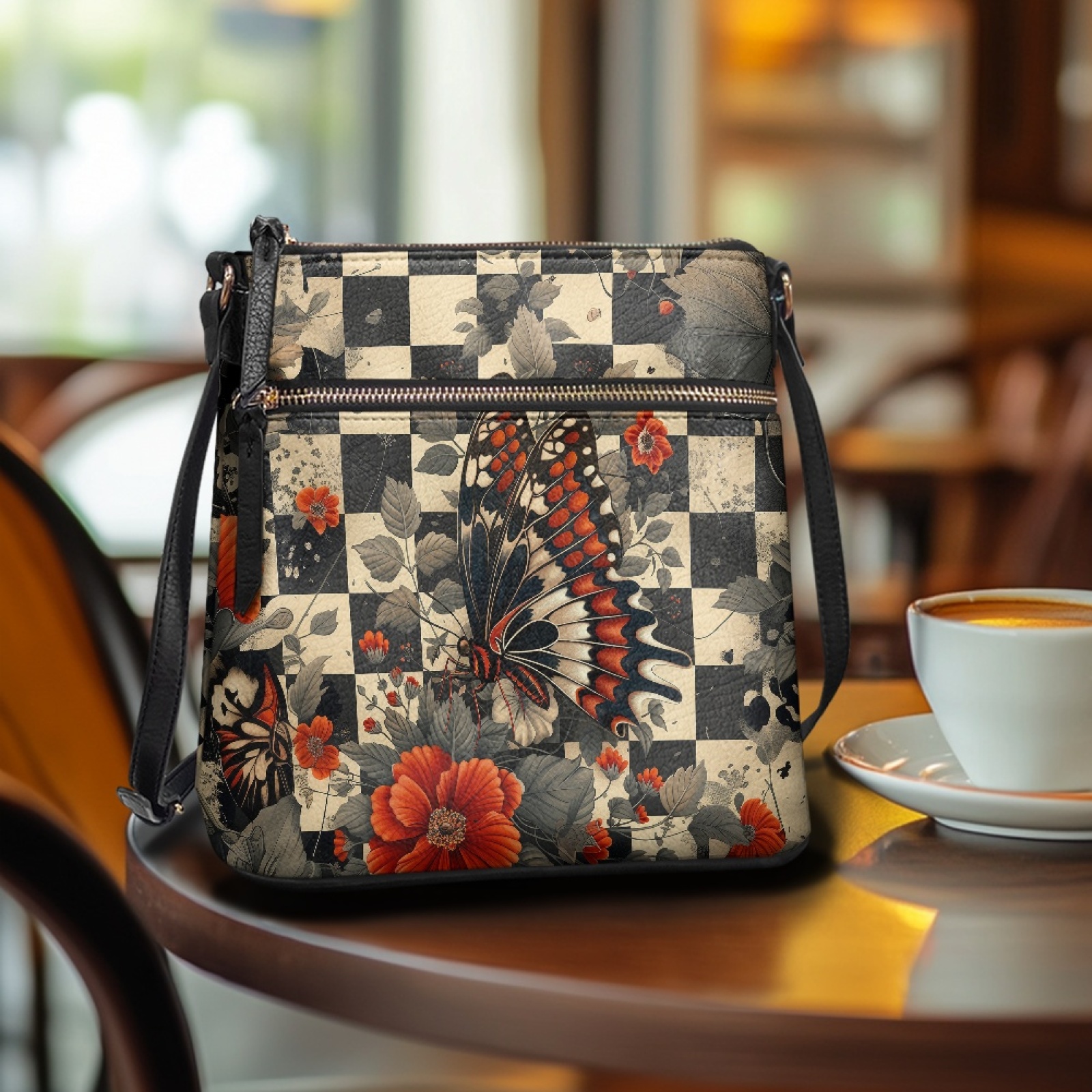 LedBack Checkered Butterfly Print Crossbody Shoulder Bag for Women Leather Satchel Purse Zipper Hobo Bag with Adjustable Strap Women Sling Messenger Bag for Shopping Travel, Black