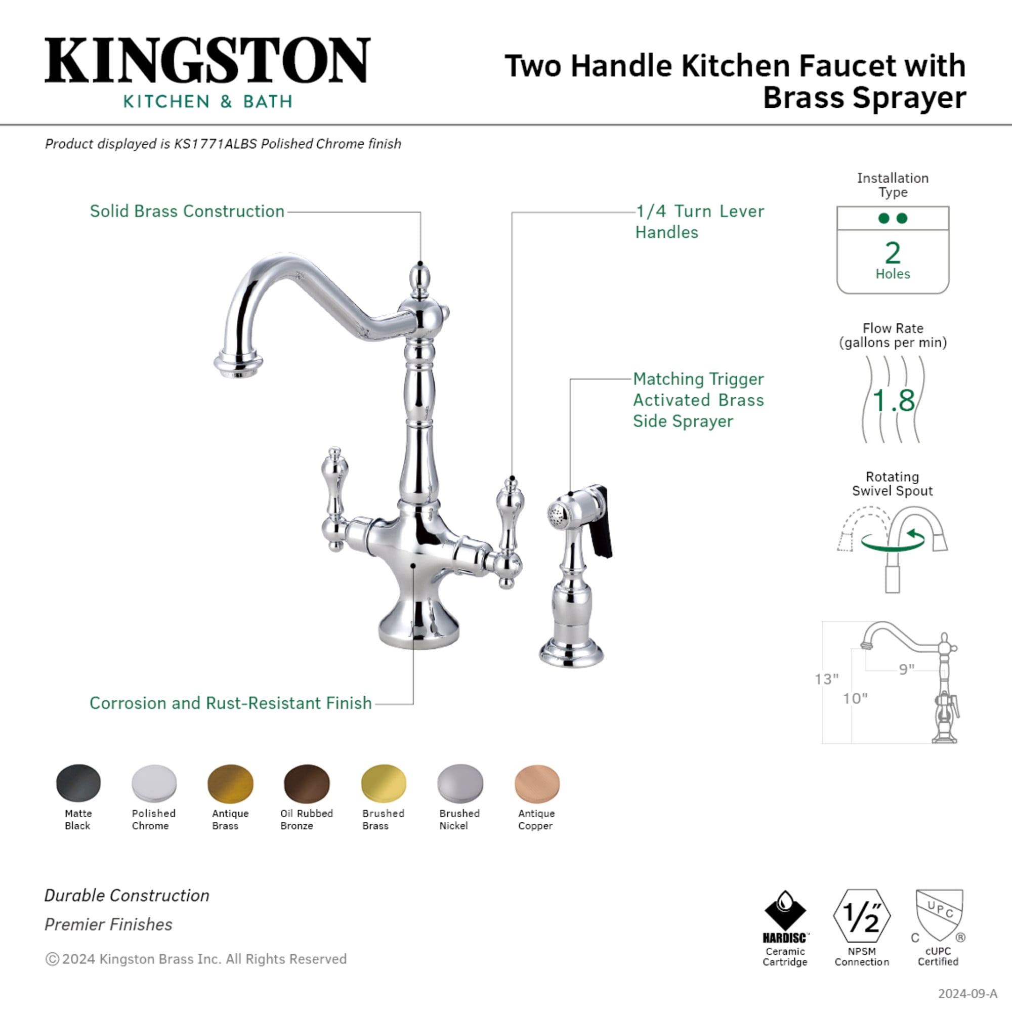 Kingston Brass KS177ALBSAC Heritage Two-Handle 2-Hole Kitchen Faucet with Brass Sprayer in Antique Copper
