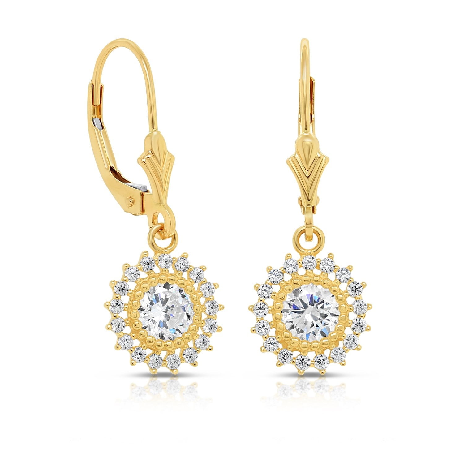 Tilo Jewelry 14K Yellow Gold Flower Drop Dangle Earrings with Cubic Zirconia CZ Stones | 8mm | Women & Unisex