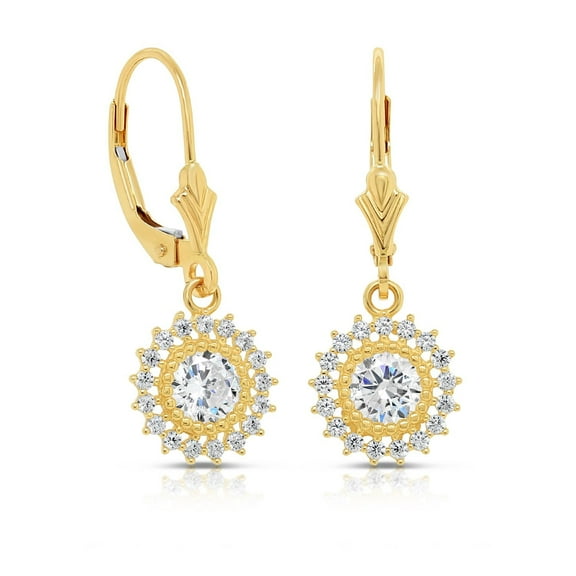 Tilo Jewelry 14K Yellow Gold Flower Drop Dangle Earrings with Cubic Zirconia CZ Stones | 8mm | Women & Unisex