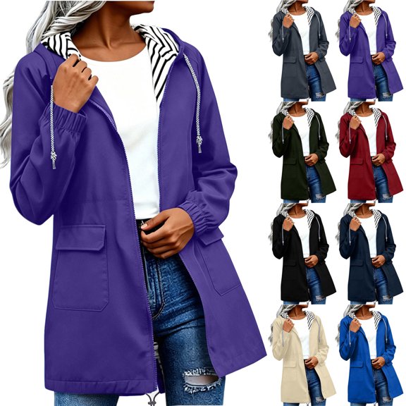 Women's Plus Size Rain Jackets Waterproof Solid Color Hooded Windproof Rain Jacket Outdoor Loose With Pocket Coat
