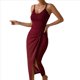 thumbnail image 3 of Vestido de Cóctel Ajustado para Mujer, Sin Mangas, con Tirantes Finos Ajustables, Abertura en la Cintura, Espalda Descubierta y Corte Midi Vino Tinto S, 3 of 9