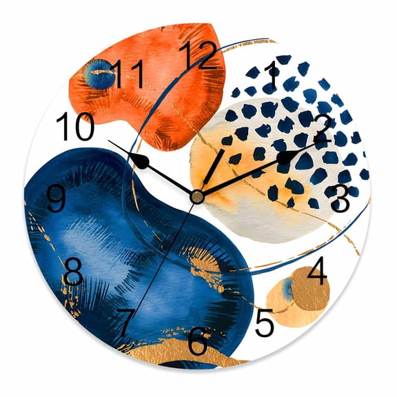 Wall Clock 10 Inch Abstract Boho Round Silent Decorative Wall Clocks Battery Operated for Living Room Bedroom Kitchen Classroom Decor, Orange Navy Watercolor Gold Lines,Small