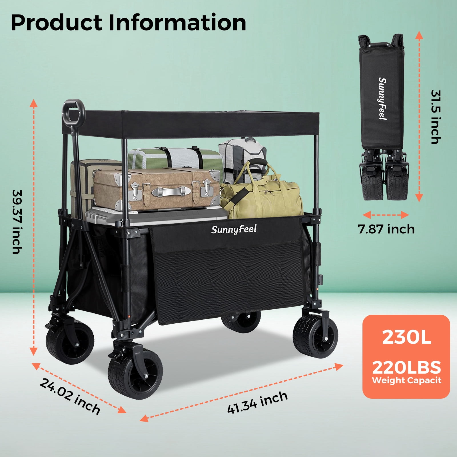 Sunnyfeel 230L / 220 lb Capacity Wagon with 3-in-1 Design, Foldable Canopy, and Rear Hanging Shelf, Black