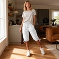 thumbnail image 7 of Bermuda Shorts for Women Knee Length Cotton Linen Drawstring Elastic Waist Summer Casual Comfy Long Shorts with Pockets White S, 7 of 7