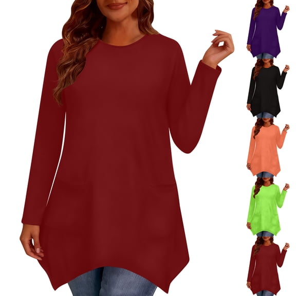 aidice Women Plus Size Tunic Tops to Wear with Leggings Long Sleeve Crewneck Casual Loose Shirts with Pockets